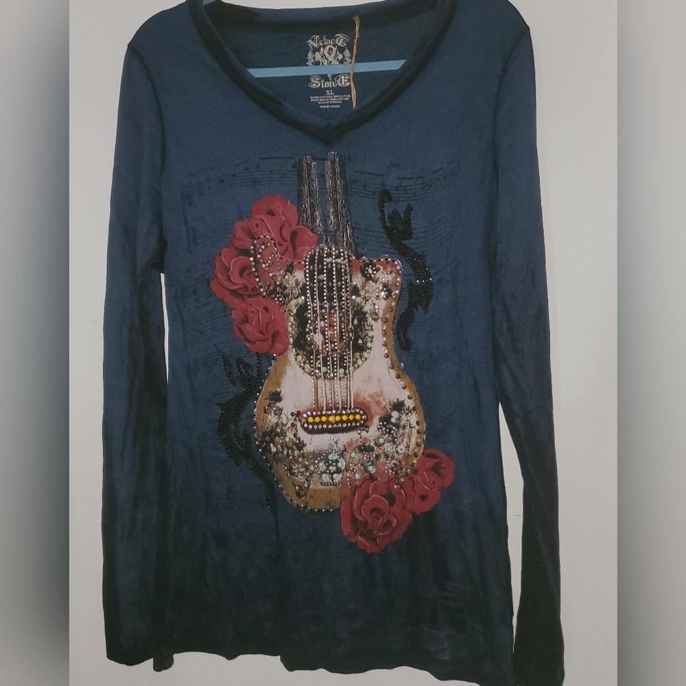 Velvet Stone Gothic Rocker Chic Blue Guitar Embellished Long Sleeve Tee